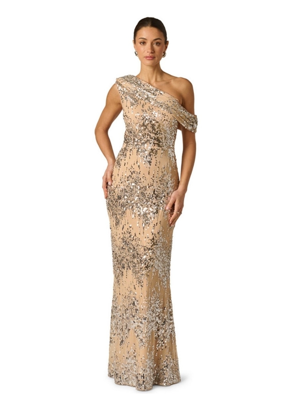 Adrianna Papell Draped Sequin One-Shoulder Ball Gown Event Size 6